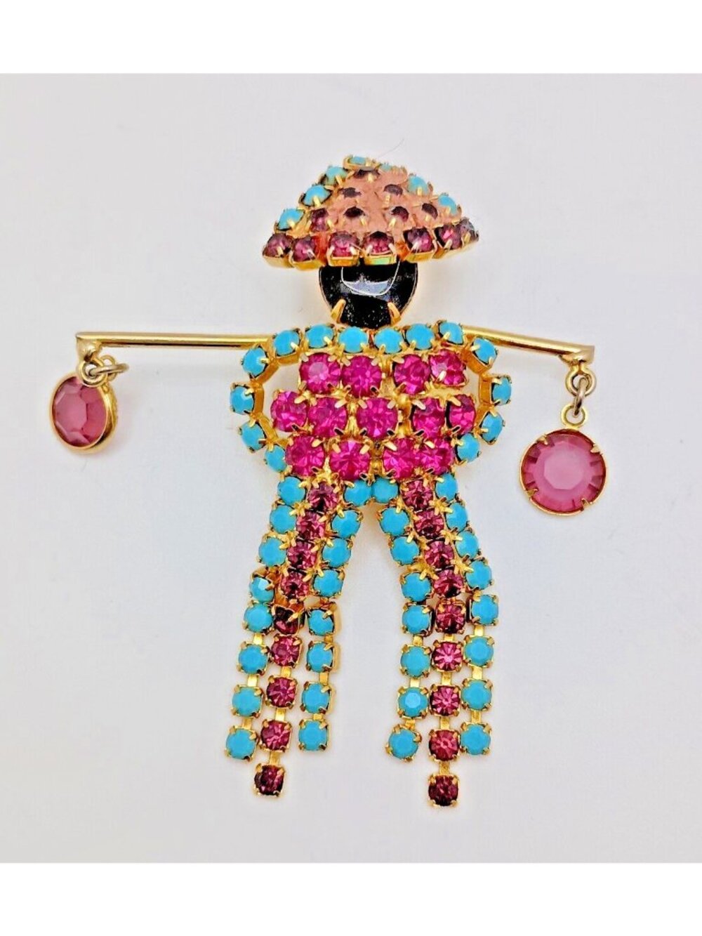 Vintage 1960s Colorful Rhinestone Asian Water Carrier Brooch Pin Pink Blue